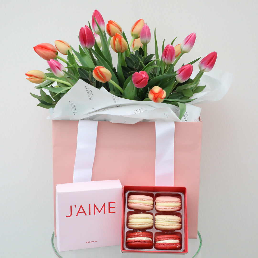 Mother's Day Bright Tulip Bouquet & J’aime Macarons - Brooklyn Flowers