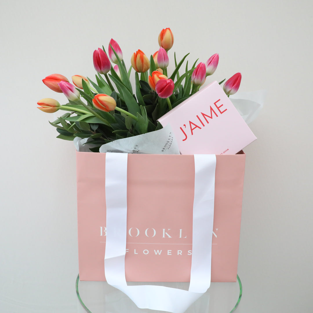 Mother's Day Bright Tulip Bouquet & J’aime Macarons - Brooklyn Flowers