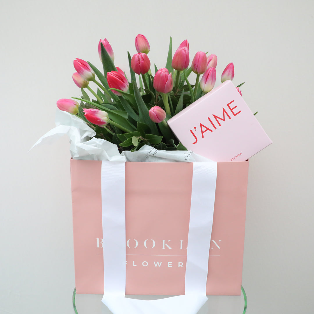 Mother's Day Pink Tulip Bouquet & J’aime Macarons - Brooklyn Flowers
