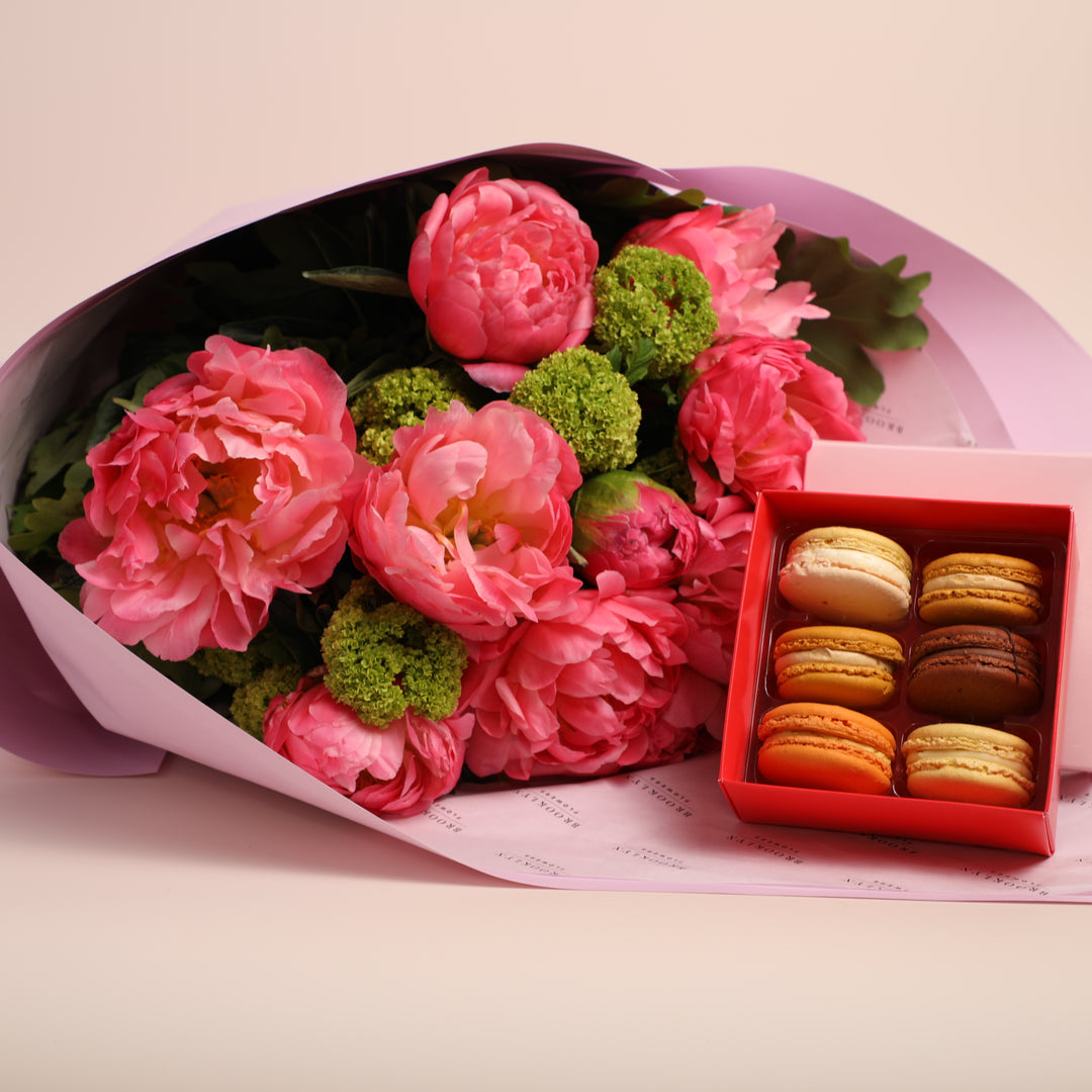 Coral Peony Bouquet & Macarons