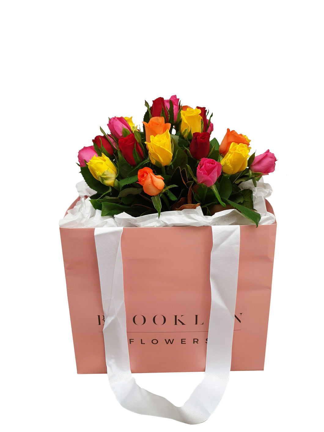 Bright Roses in pink bag with foliage 