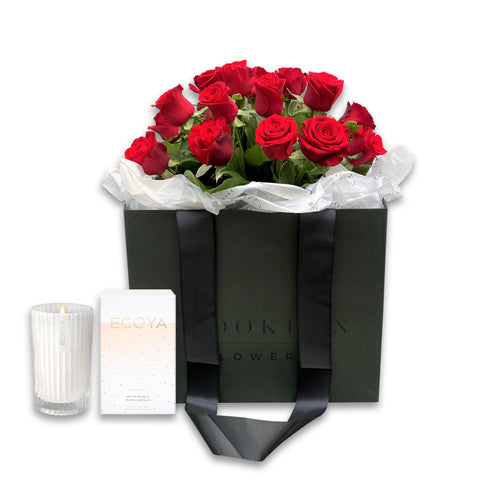 Red Rose Posy Bag + Ecoya Candle & FREE Vase - Brooklyn Flowers